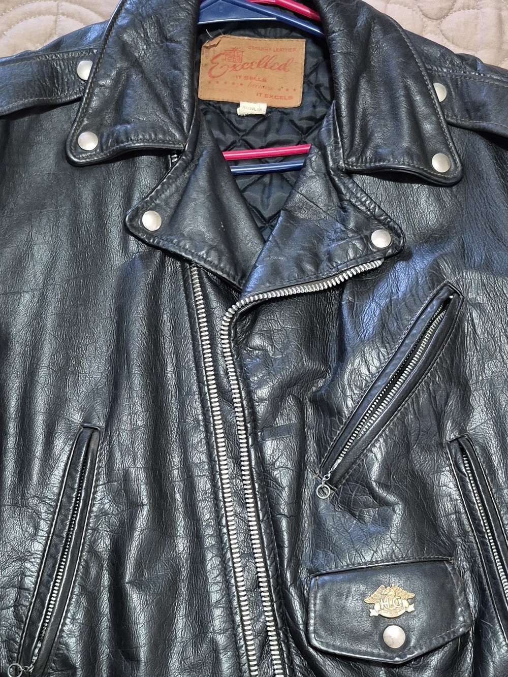 Excelled Vintage Black Leather Bomber-Style Biker Jacket with Silver Hardware